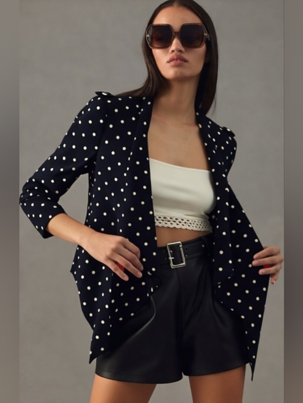 Forever 21 Polka Dot Waterfall Tuxedo Blazer- Black/Cream